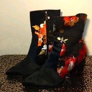 Black Satin Metallic Floral Ankle Boots